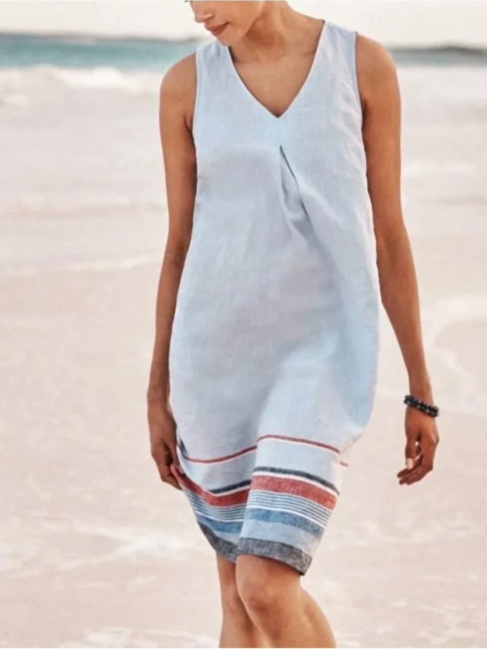 J. Jill Sleeveless Pleated V-Neck
Mini 100% Linen Striped Dress 
Women's Size LP